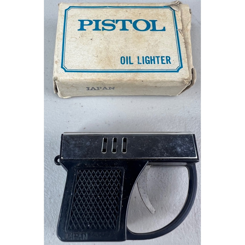 Vintage Novelty Pistol Shape Oil Lighter Made in Japan Black Chrome Case